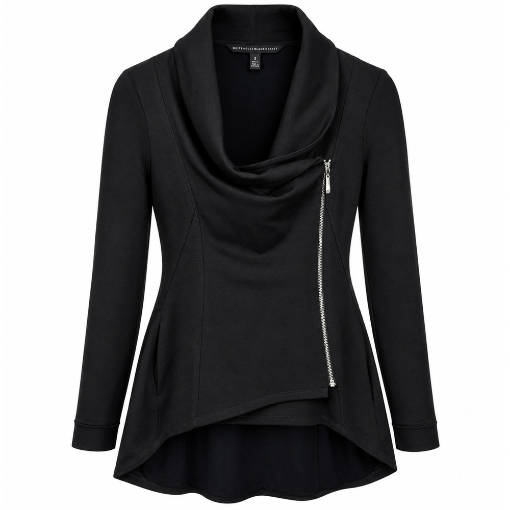 White House Black Market Black Asymmetric Zip Cowl Neck High Low Jacket Size 2